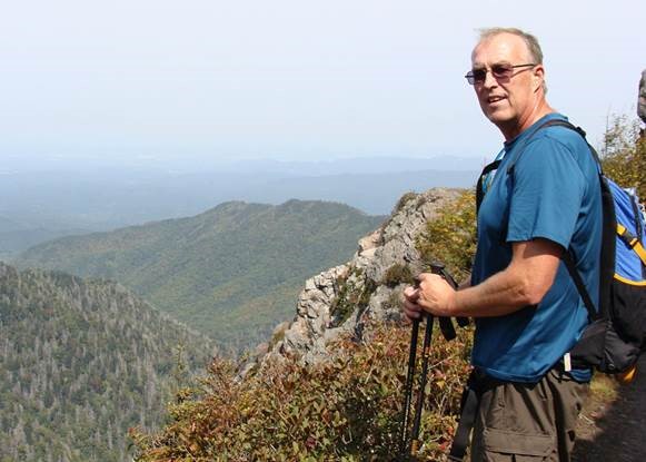 Dr. Jonathan Young, Southern Wesleyan business Professor, at Charlie's Bunion on the Appalachian Trail.