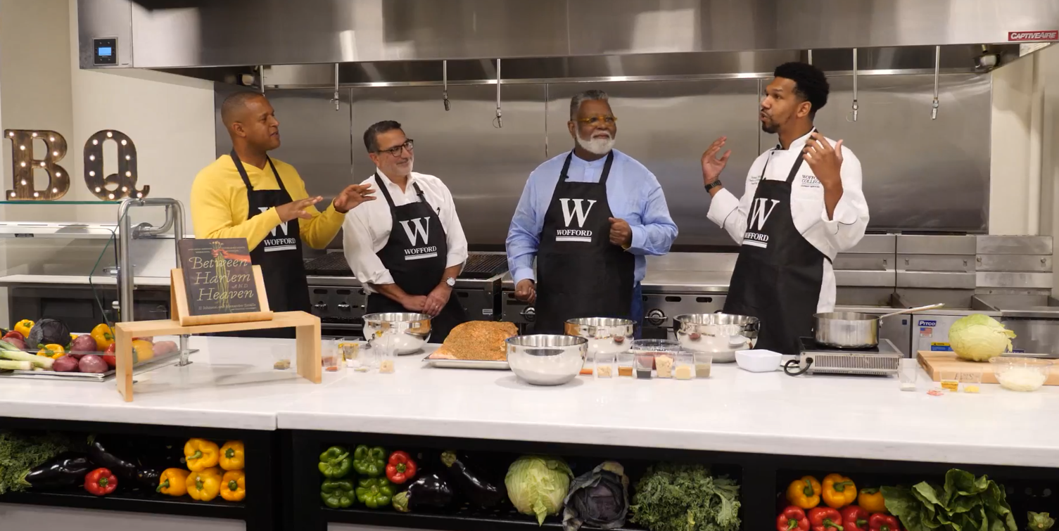 Oct. 12 cooking demonstration featuring celebrity Chef and author Alexander Smalls ’74 and “TODAY” Show host and Wofford Trustee Craig Melvin ’01, along with Wofford President Nayef Samhat and AVI Foodsystems Chef Stephan Baity.