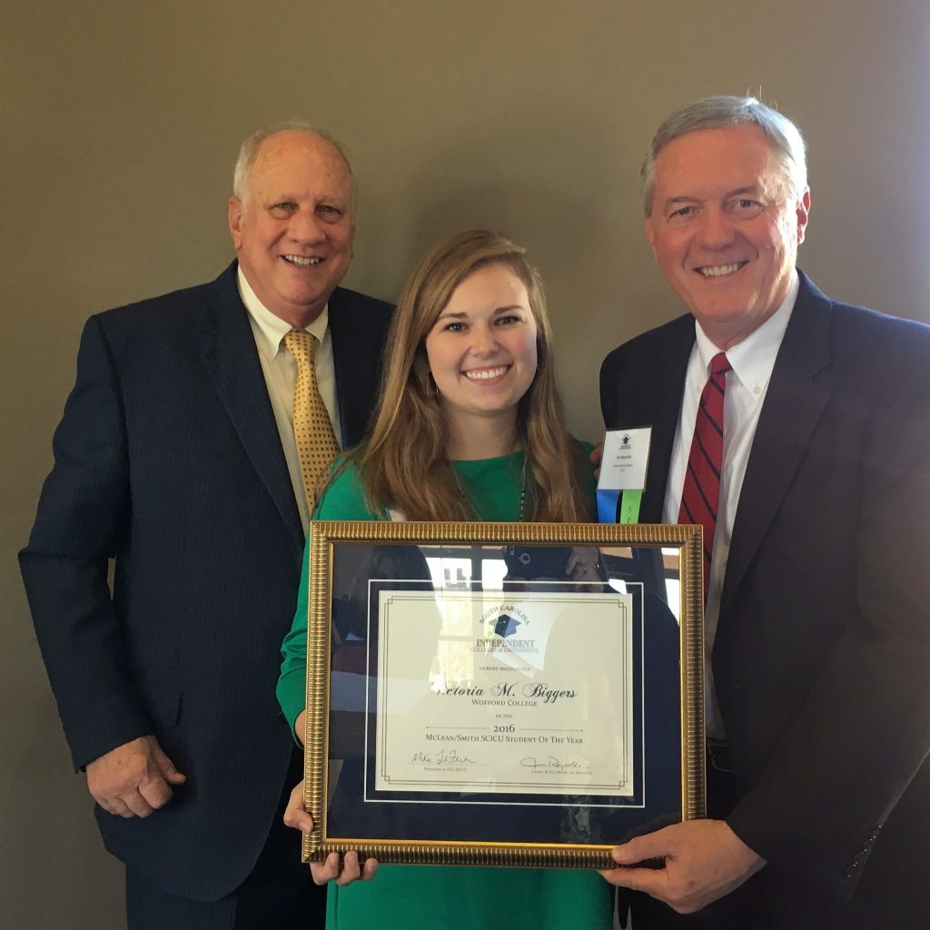 Dr. Frank Machovec, Wofford Economics Professor; Victoria Biggers, McLean - Smith SCICU Student of the Year; Jim Reynolds, Chair - SCICU Board of Trustees