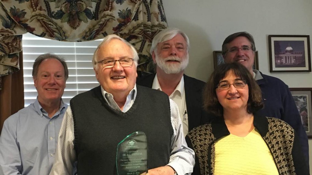 Dr. B. G. Stephens, professor emeritus at Wofford College, is honored for his 20+ years of service in the evaluation team for the SCICU Undergraduate Student/Faculty Research Program.