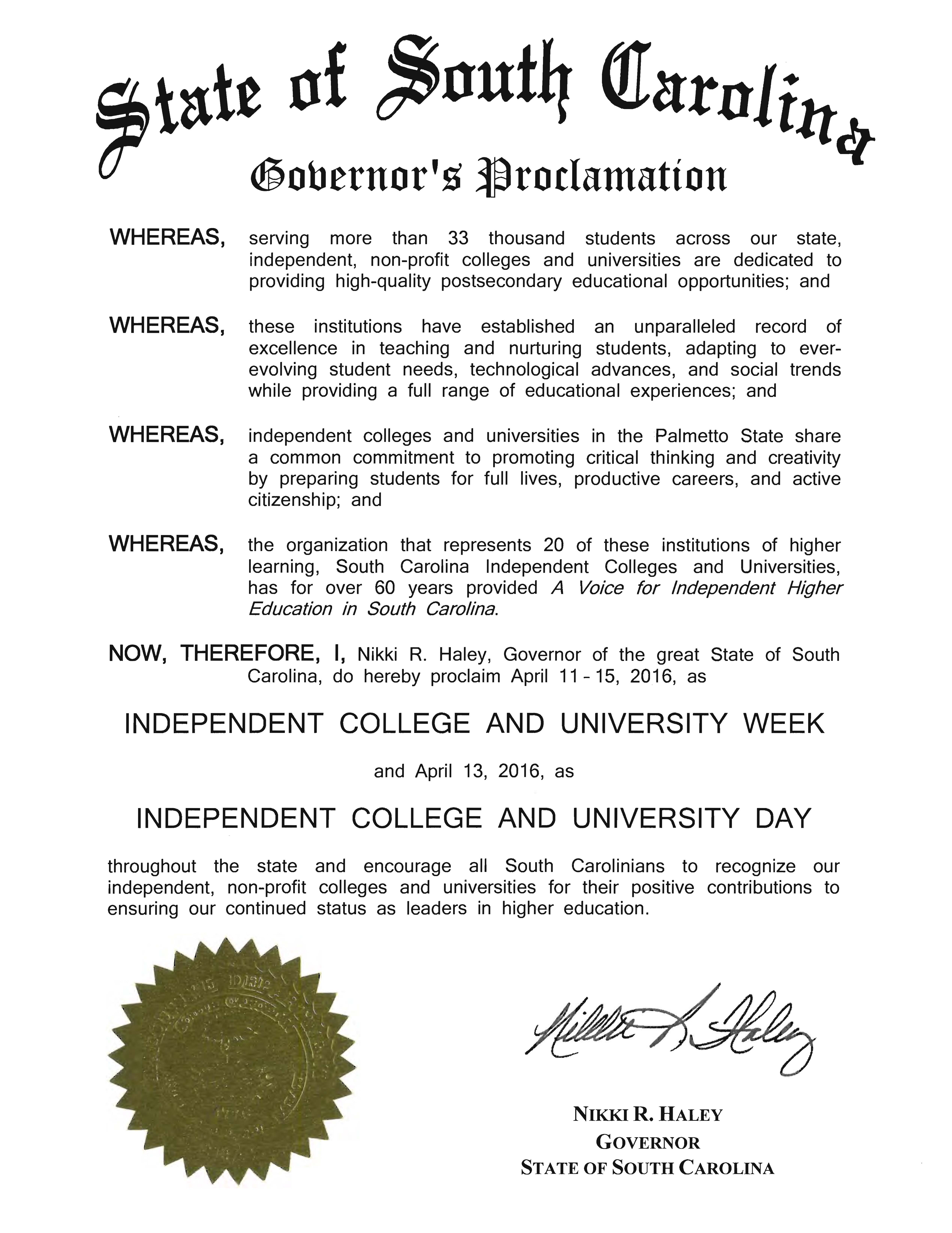 Governor Haley Proclamation - 2016 Independent College and University Week