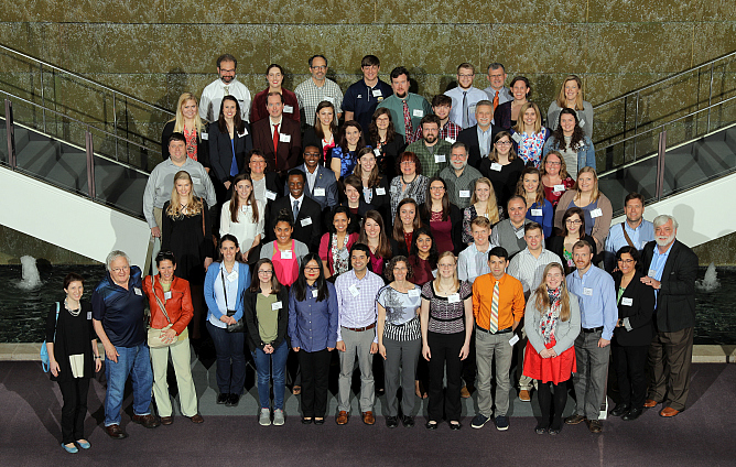 Group photo - Student researchers, faculty mentors, and sponsors at the February 22, 2018 SCICU Research Symposium at Milliken & Company headquarters, Spartanburg, SC.