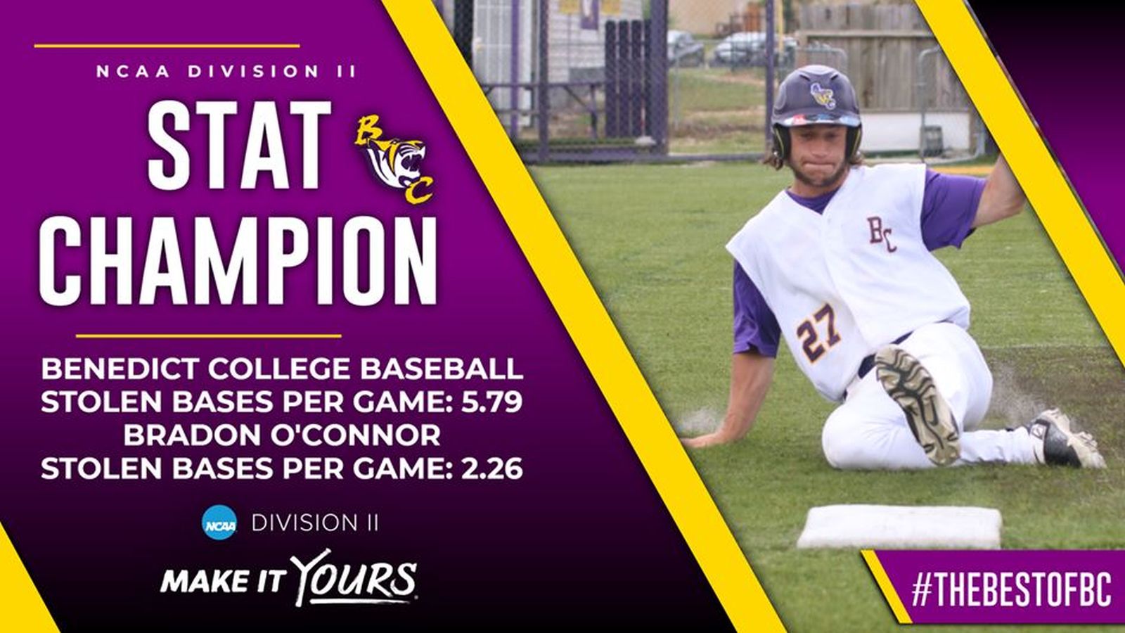 Benedict Tigers, O'Connor Named 2022 NCAA Division II Statistical Stolen Base Champions