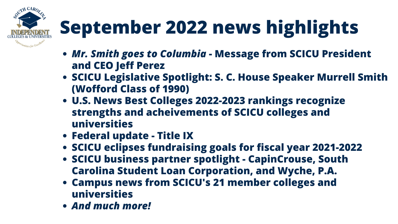 SCICU News and Notes September 2022 table of contents
