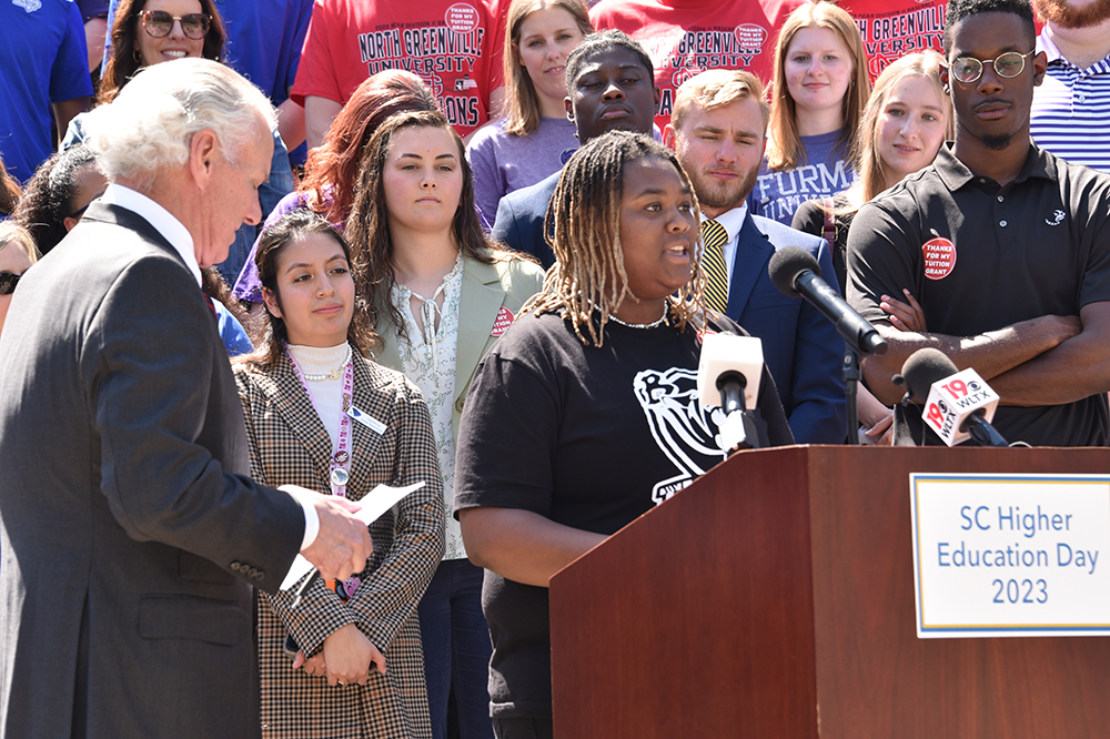 Kylah Montgomery shared with Gov. McMaster, members of the General Assembly, fellow S.C. higher education students, and the media the importance of the Tuition Grants program to her education at Benedict College.